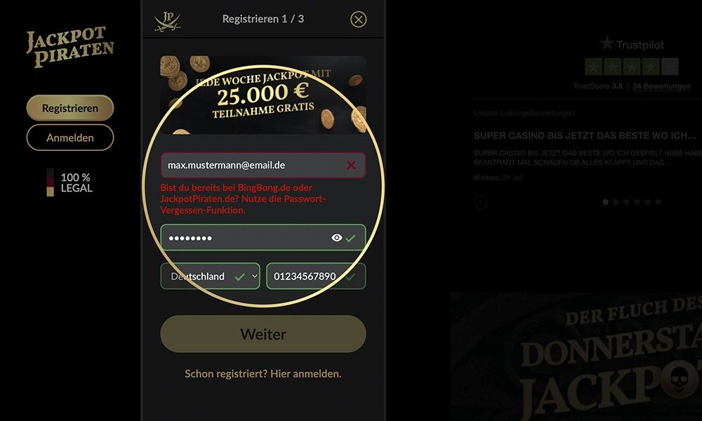 Wer sich bei Jackpot Piraten registrieren möchte und bereits über ein BingBong-Konto verfügt, erhält eine Fehlermeldung mit Hinweis auf die vorhandenen Zugangsdaten.