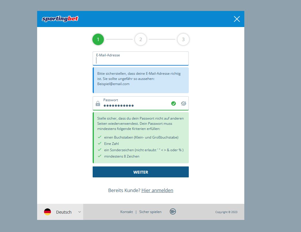 Bei Sportingbet registrieren - Schritt 1