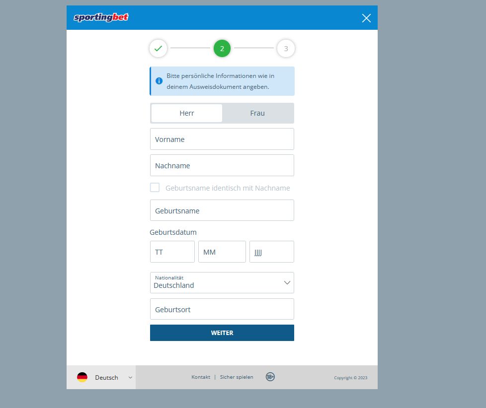 Bei Sportingbet registrieren - Schritt 2