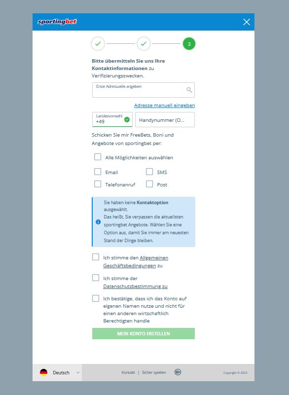 Bei Sportingbet registrieren - Schritt 3