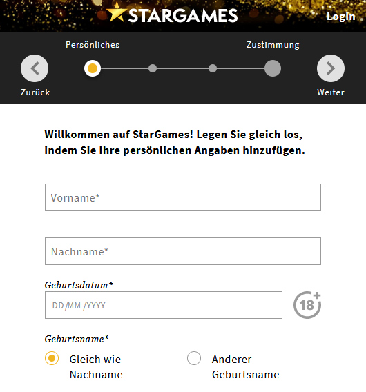 Das Anmeldeformular bei Stargames.